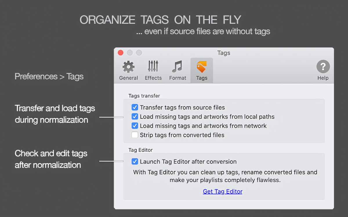 MP3 Normalizer for Mac - improve and load missing tags when normalizing, load tags from MusicBrainz or Discogs, load tags from source files, load tags from file names or folder names