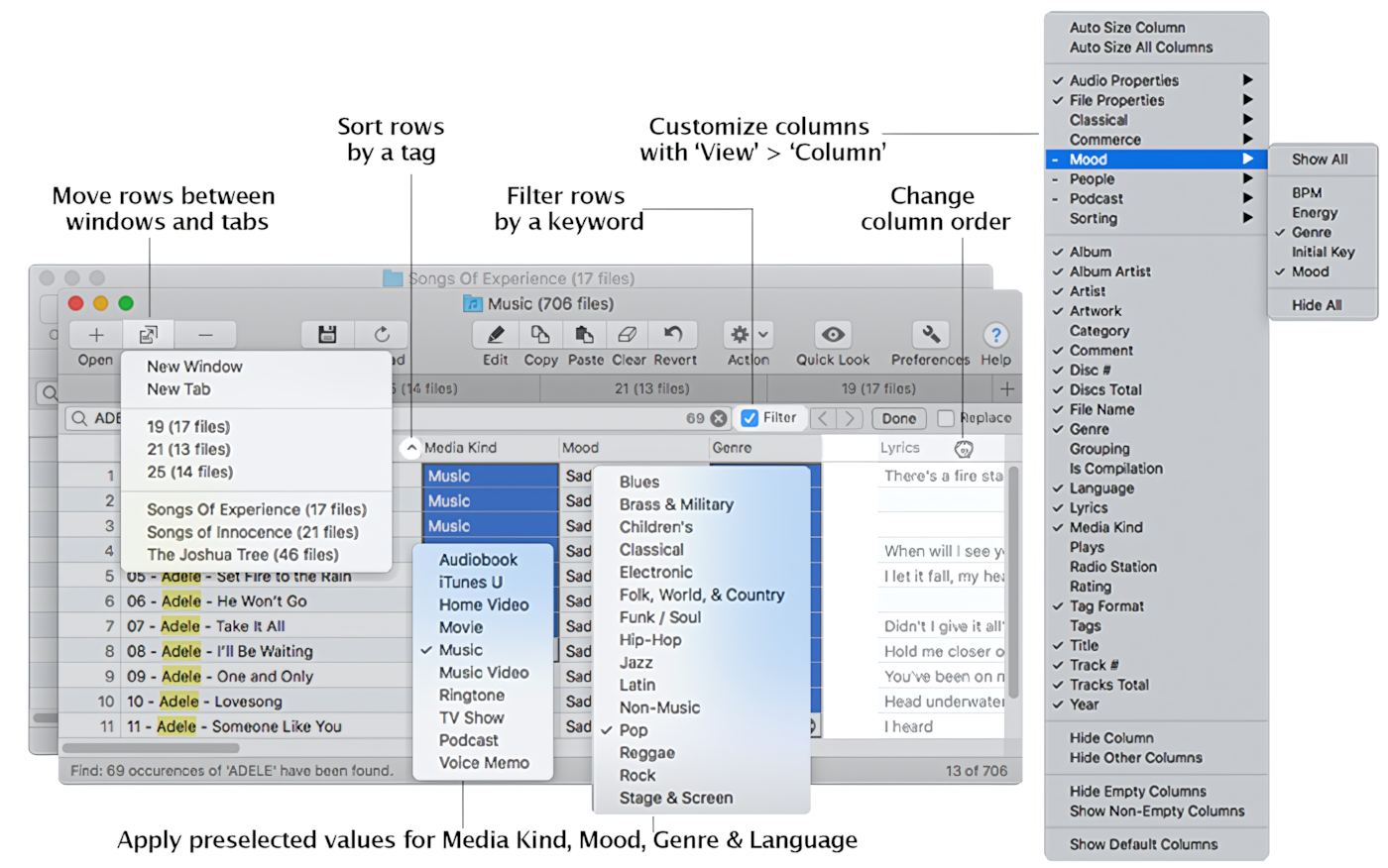 Column and Row Management - Amvidia Tag Editor for Mac