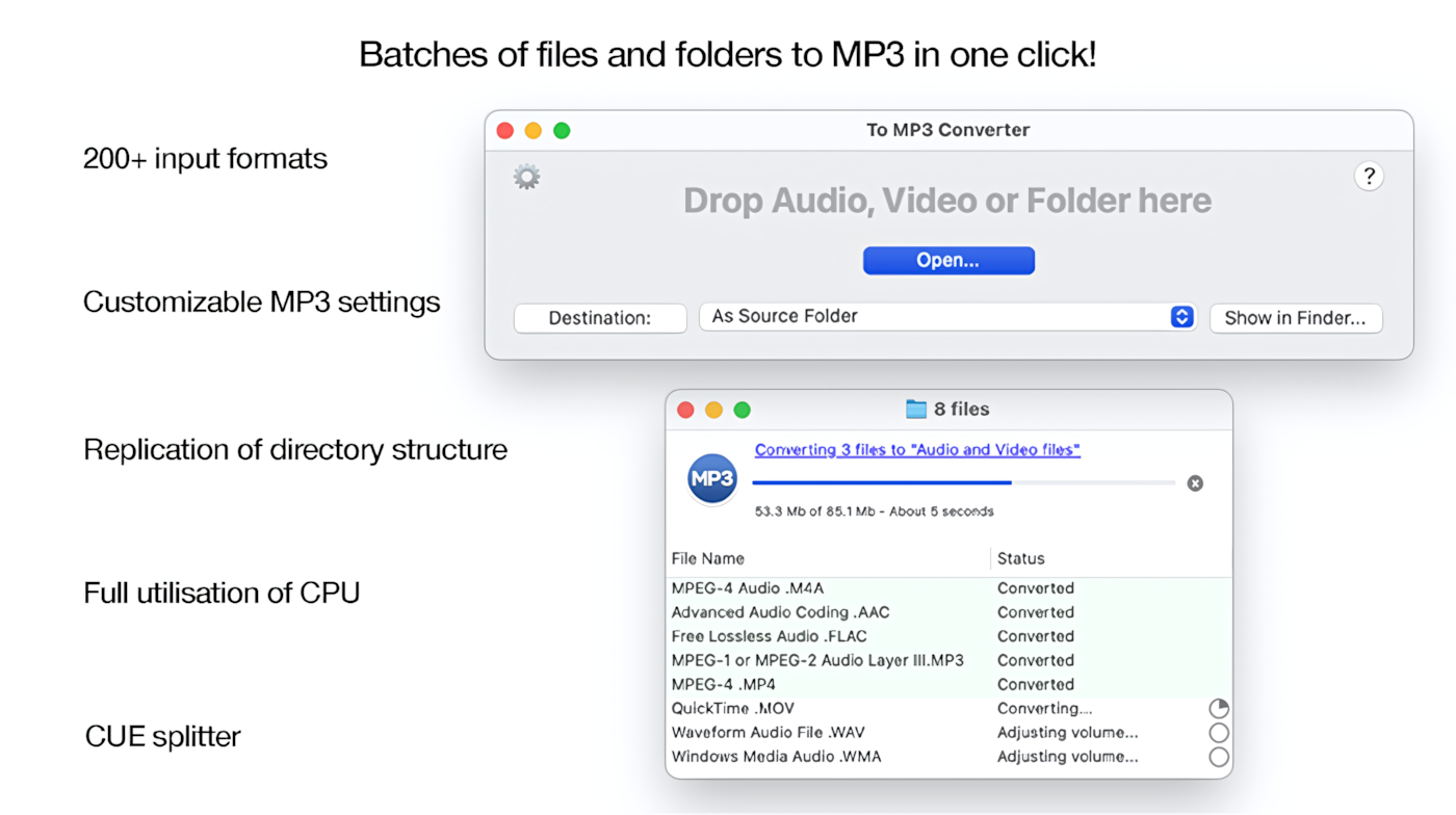 To MP3 Converter for Mac -Fast and reliable conversion. Batches of audio files and media folders to MP3 in one click!