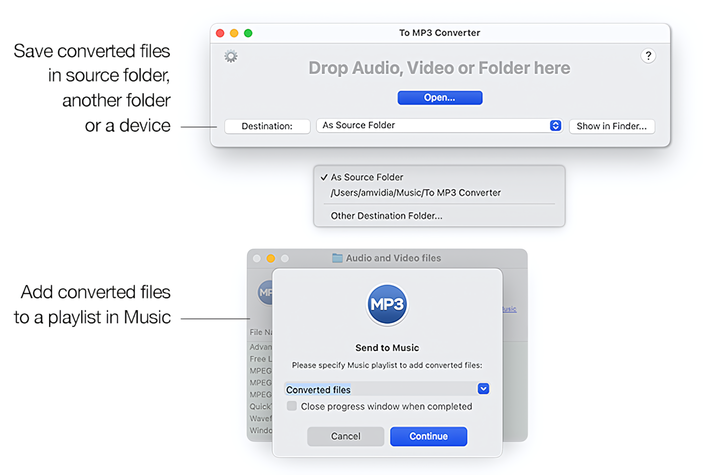 To MP3 Converter for Mac - Custom destination folder, 'As Source' destination folder, or device for MP3 conversion