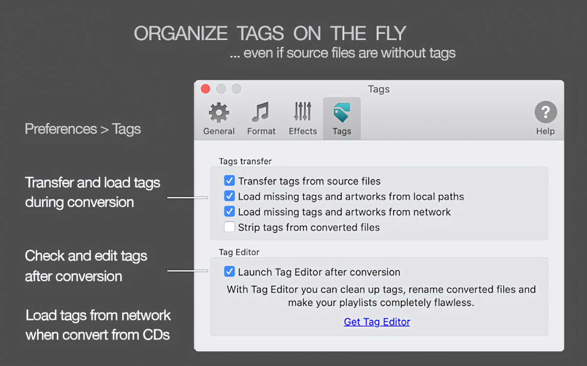 To WAV Converter for Mac - Set tags simultaneously with conversion, load tags from MusicBrainz or Discogs, transfer tags from source files, load tags from file names or folder names