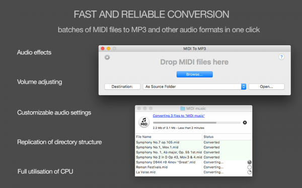 MIDI to MP3 for Mac - Fast and reliable conversion of MIDI files to MP3 in one click, batches of MIDI files to MP3 and other audio formats in one click