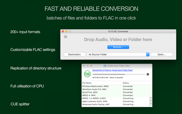 To FLAC Converter for Mac - Fast and reliable conversion, batches of files and folders to FLAC format in one click, more than 200 input formats supported, customizable FLAC settings