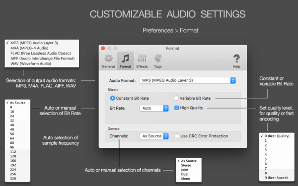 MIDI to MP3 for Mac - Custom output format - MP3, MP4, M4A, ALAC, FLAC, WAV, AIFF, auto-selection of audio parameters, auto-selection of bit rate, Constant Bit Rate, Variable Bit Rate