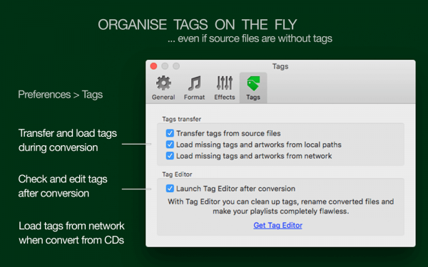 To FLAC Converter for Mac - Transfer tags, load tags from network or folder and file names, auto-launch Tag Editor after successful conversion