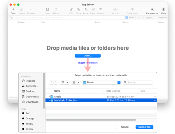 Tag Editor for Mac - Opening Audio and Video files via Open Files dialog