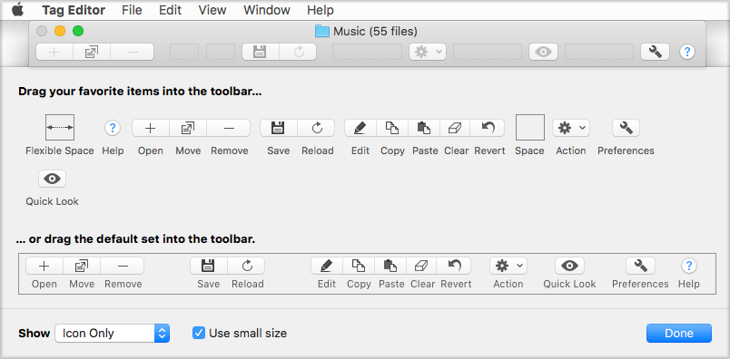 Toolbar customization panel in Amvidia Tag Editor for Mac