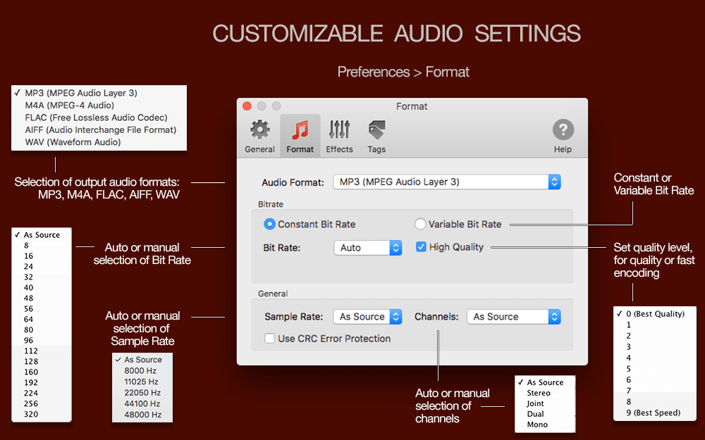Audio settings in To Audio converter for Mac