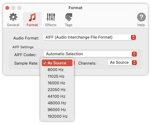 To Audio Converter - AIFF Format Preferences - list of Sample Rates