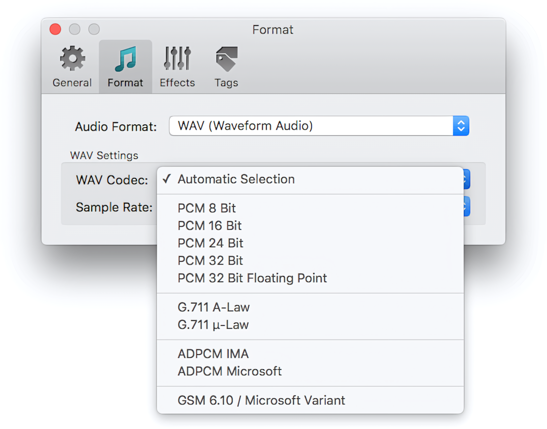 Choise of WAV output codecs